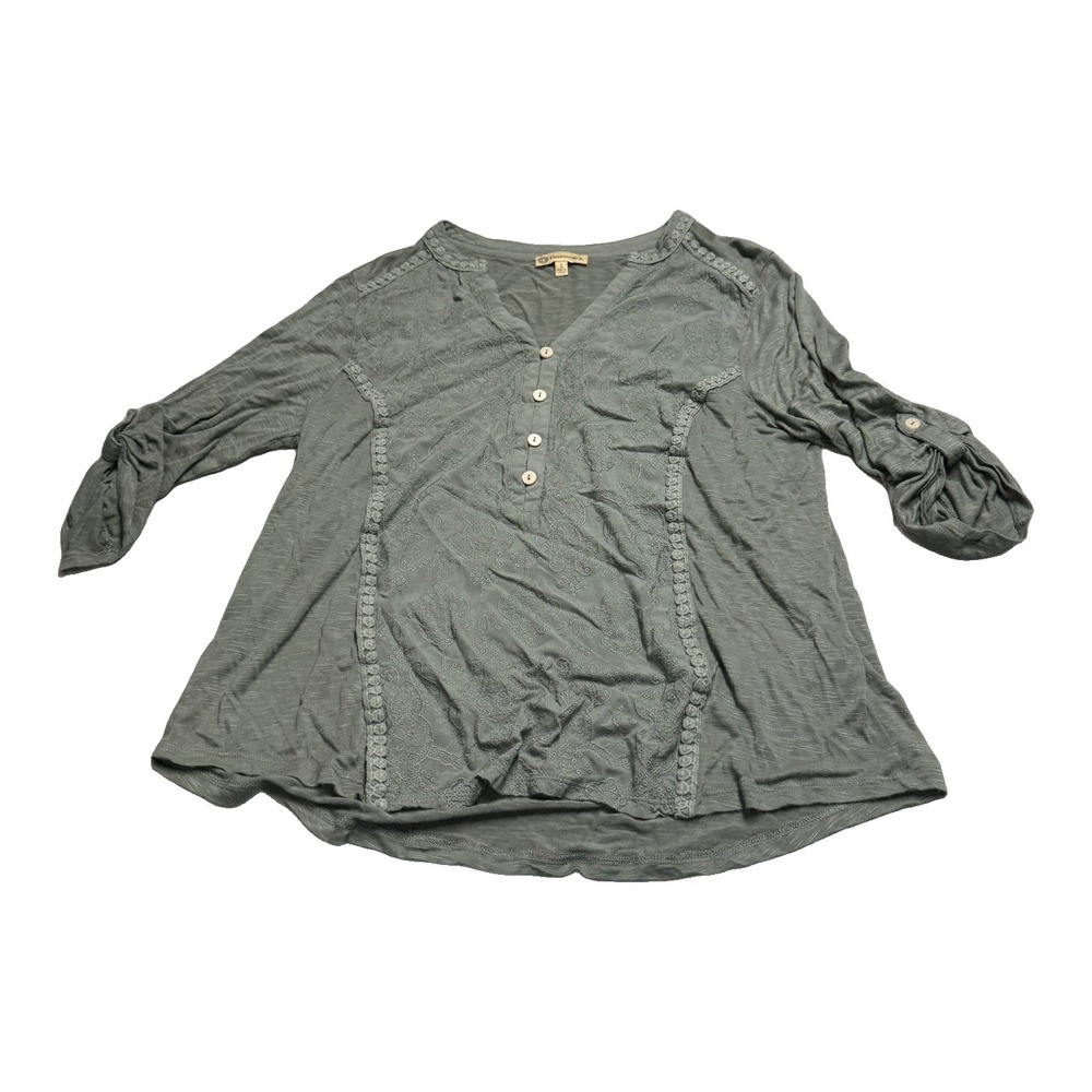 Democracy Sage Green Embroidered Henley Top Size L